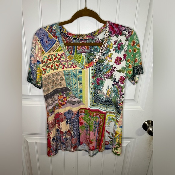 Johnny Was Anika Patchwork Floral Short Sleeve V-Neck - Picture 2 of 5